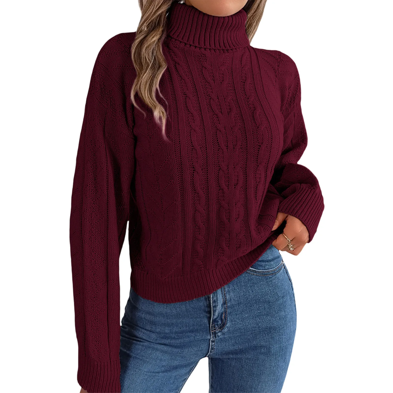 

Women's Casual High-Neck Twisted Long-Sleeve Knit Pullover Warm Sweater Solid Color Autumn/Winter Turtleneck Knit Sweaters