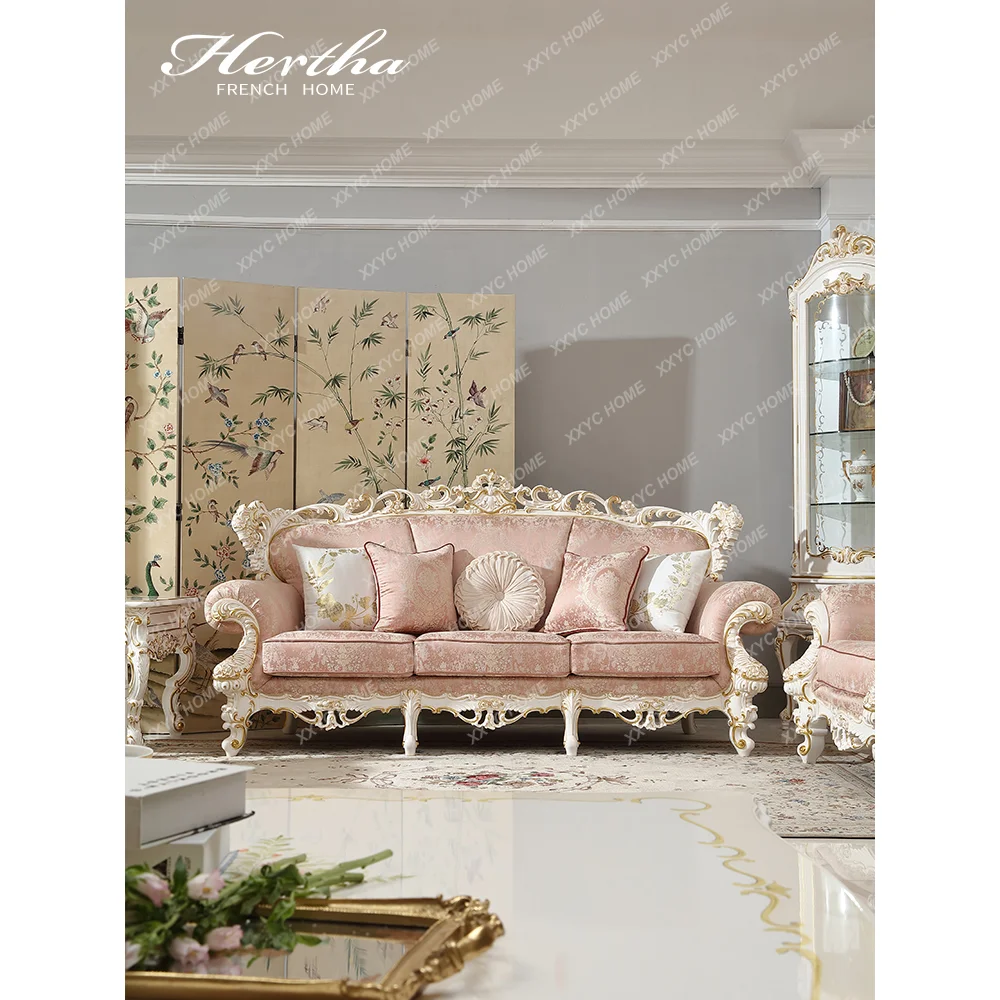 Pink Fabric Sofa Combination Living Room Solid Wood Hollow Carved Furniture