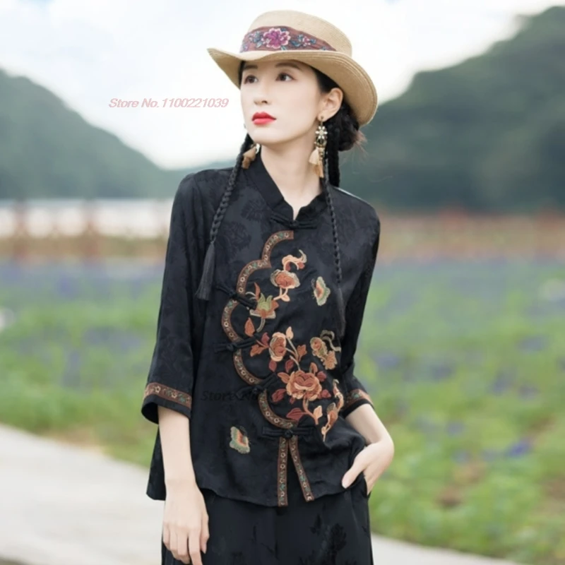بلوزة صينية عتيقة لعام 2025 بلوزة جاكار مطرزة بالزهور الوطنية بياقة واقفة بلوزة هانفو العرقية الرجعية بلوزة شعبية سترة #2