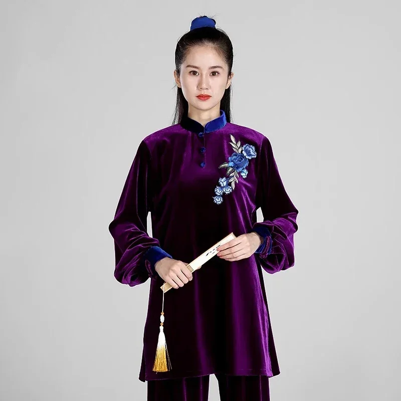 Kun Master Thicken Velvet Taichi Uniform Elegant Winter Martial Arts Suit Embroidery Kung Fu Clothes Taiji for Women