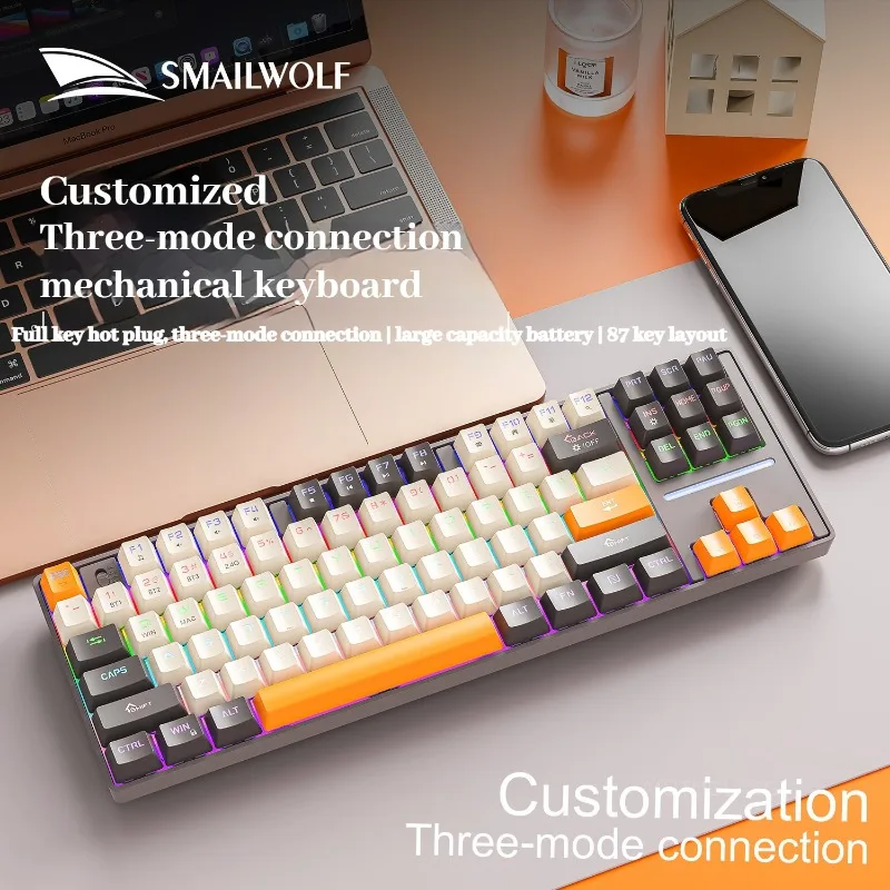 SMAILWOLF MK87 RGB Backlit Bluetooth Wireless Three Mode Mechanical Keyboard 87 Keys Hot Swappable USB for Gaming and Office Use