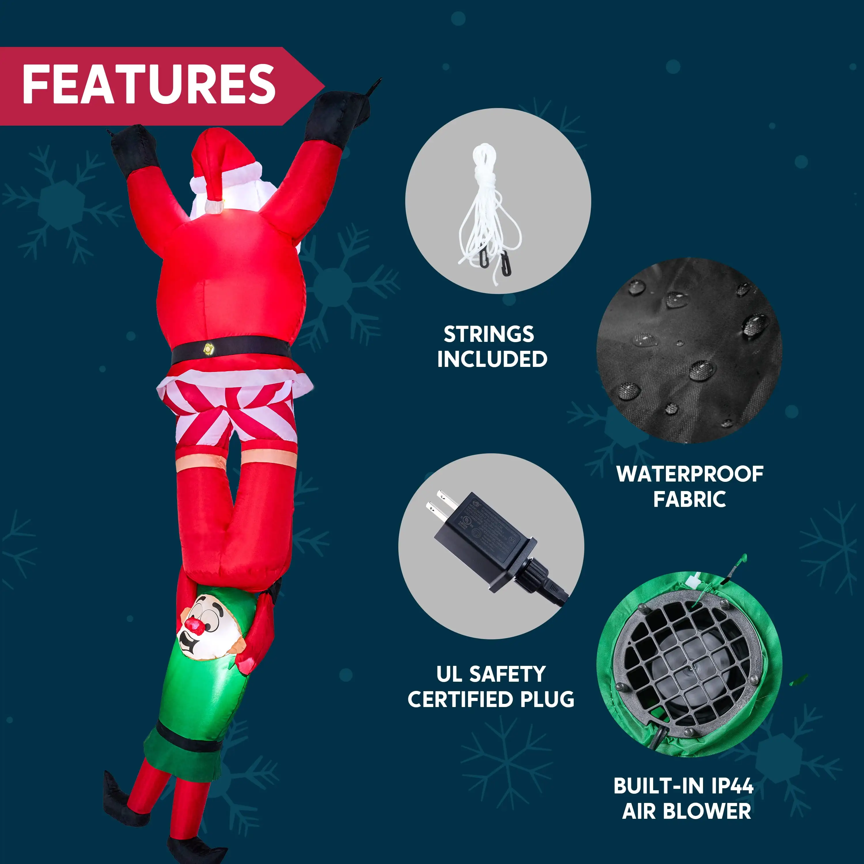 ของตกแต่งคริสต์มาสเป่าลม Joyfy ขนาด 8 ฟุต ซานต้าปีนป่ายพร้อมเอลฟ์ตก ของตกแต่งสนามหญ้าแบบเป่าลมพร้อมไฟ LED ในตัว