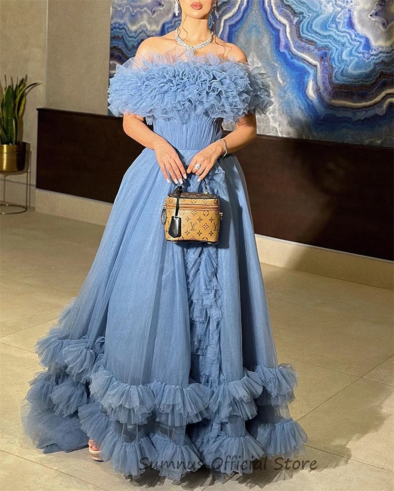 SUMNUS Blue Tulle A Line Princess Wedding Party Dresses Off Shoulder Tiered Ruffles Evening Prom Gowns Bespoke Occasion Dress