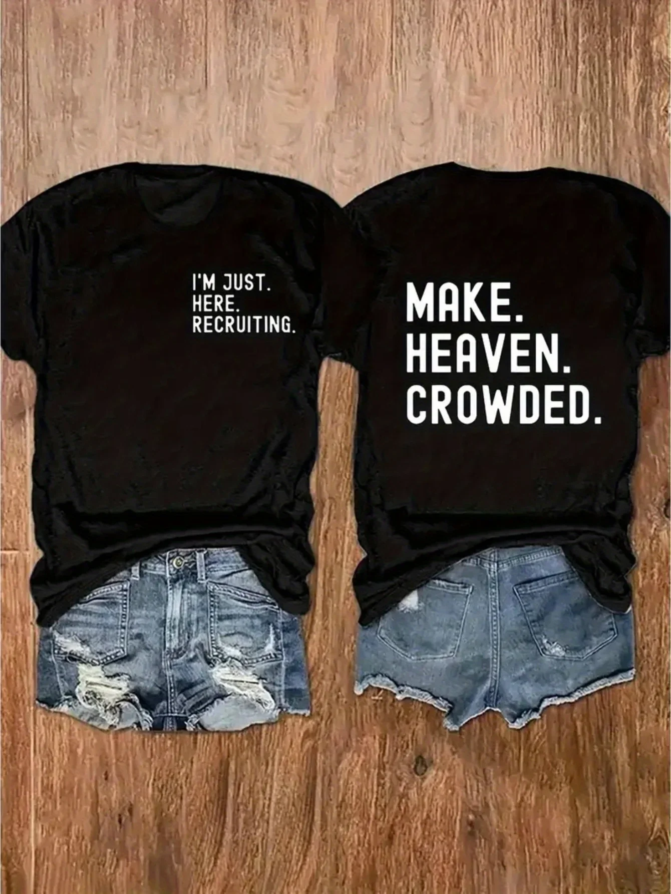 تي شيرت نسائي ملهم مسيحي من القطن 180 جرام على الوجهين "I'm Just Recruiting" & "Make Heaven Crowded" مطبوع، رقبة دائرية