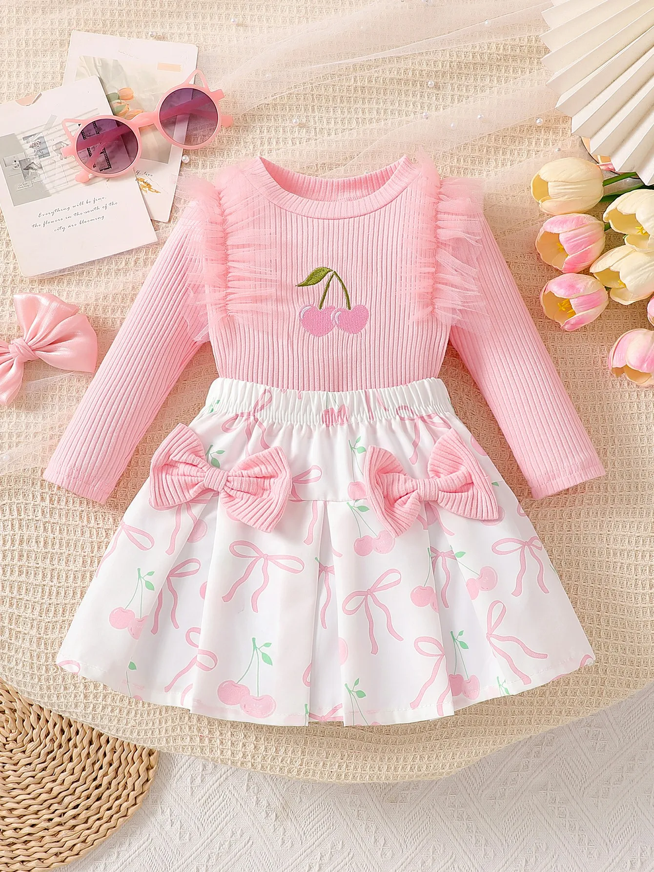 Baby girl pink round neck mesh patchwork cherry pattern embroidered long sleeved top paired with white bow printed short skirt t