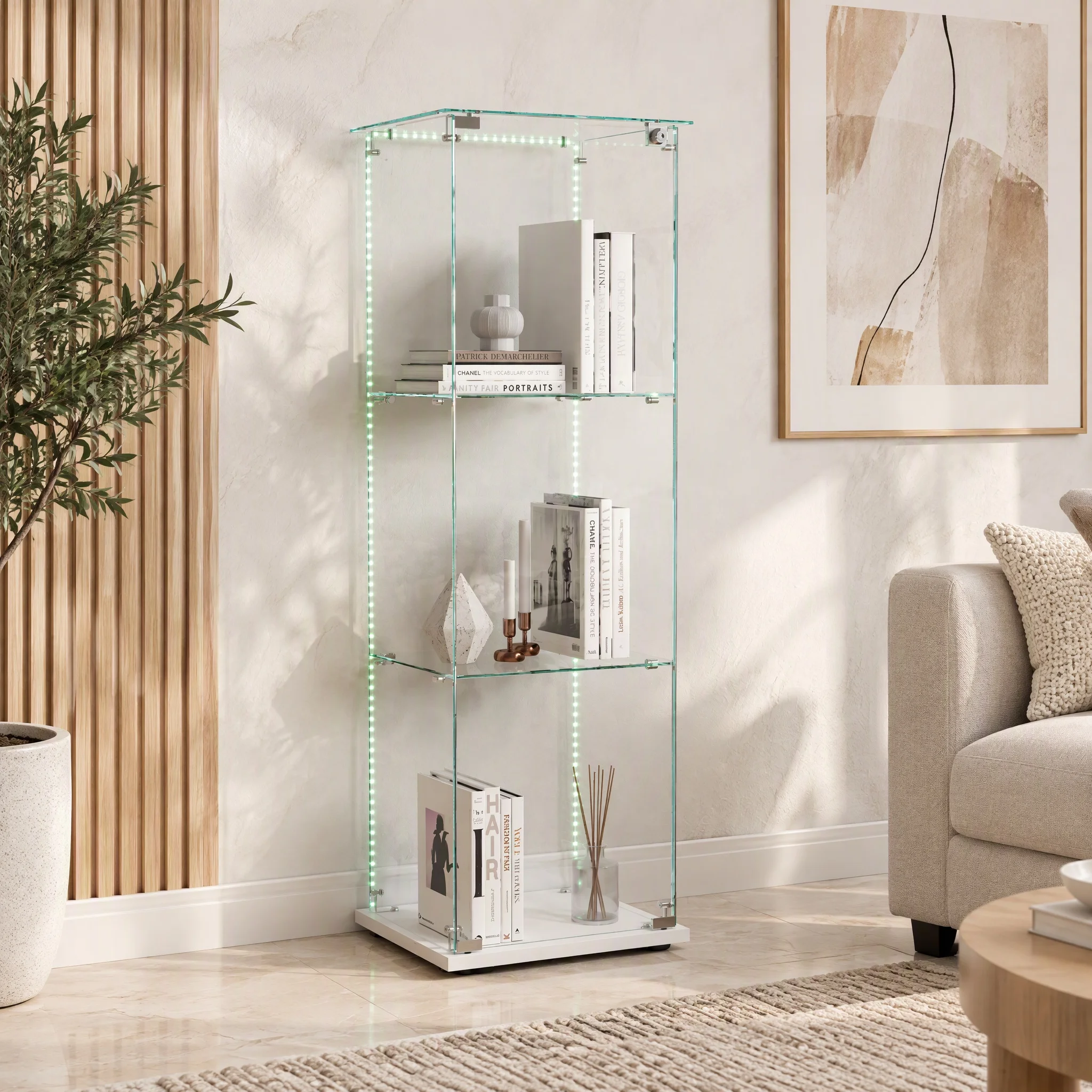 Vitrine en verre Anajqaqia, vitrine à une porte et à trois niveaux, avec base blanche, design panoramique entièrement transparent, meuble de rangement et de présentation pour le salon et la chambre à coucher.