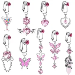 1Pc Pink Fake Belly Button Ring Butterfly Heart Zircon Belly Piercing Clip on Umbilical Non Navel Pircing Cartilage Earring Clip