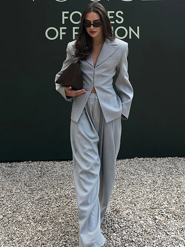 Elegant Button Jacket Pants Suit Women Loose Full Sleeve Lapel Jackets Straight High Waist Trousers 2026 Autumn Fashion Suit