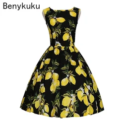 Lemon Print Vintage Cotton Dress Sleeveless Plus Size 4XL Women Pin Up Retro Dress Elegant Party Vestidos Ladies Summer Dresses