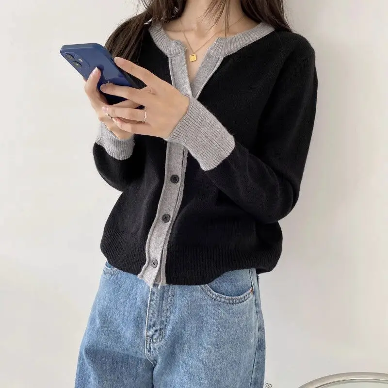 Nouveau Cardigan en tricot bloc de couleur pour femmes, manteau pull élégant et polyvalent