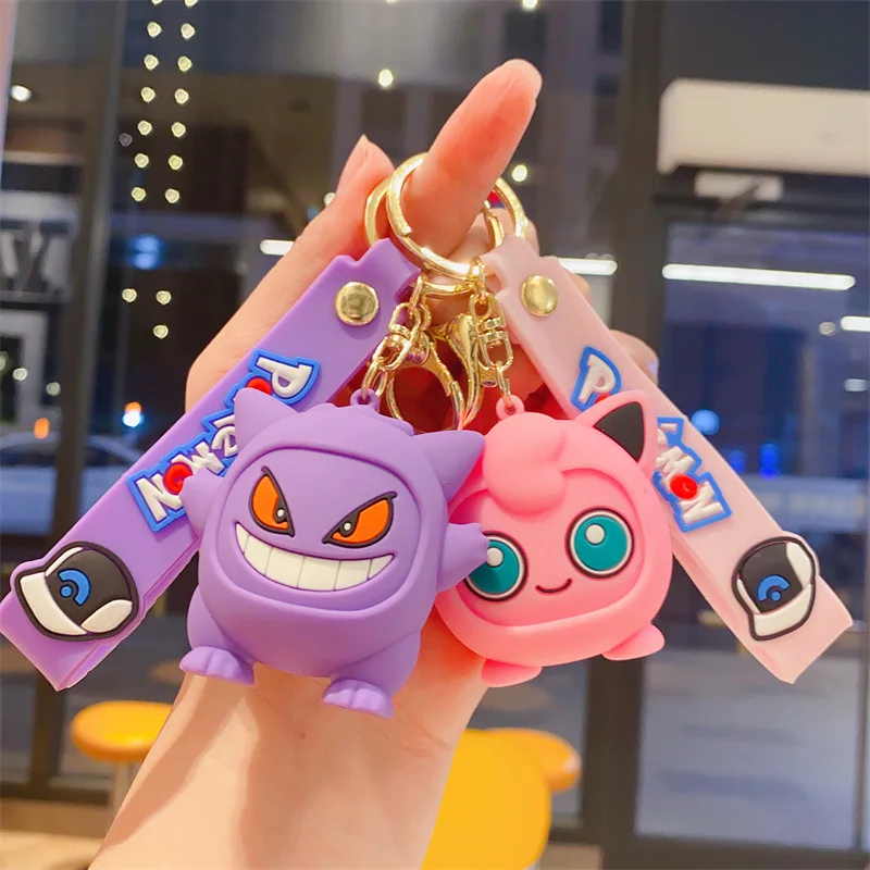 Cartoon Anime Pikachu Car Keychain Action Figure Pikachu Bulbasaur Eevee Q Version Key Chain Silicone Doll Pendant Kids Gift