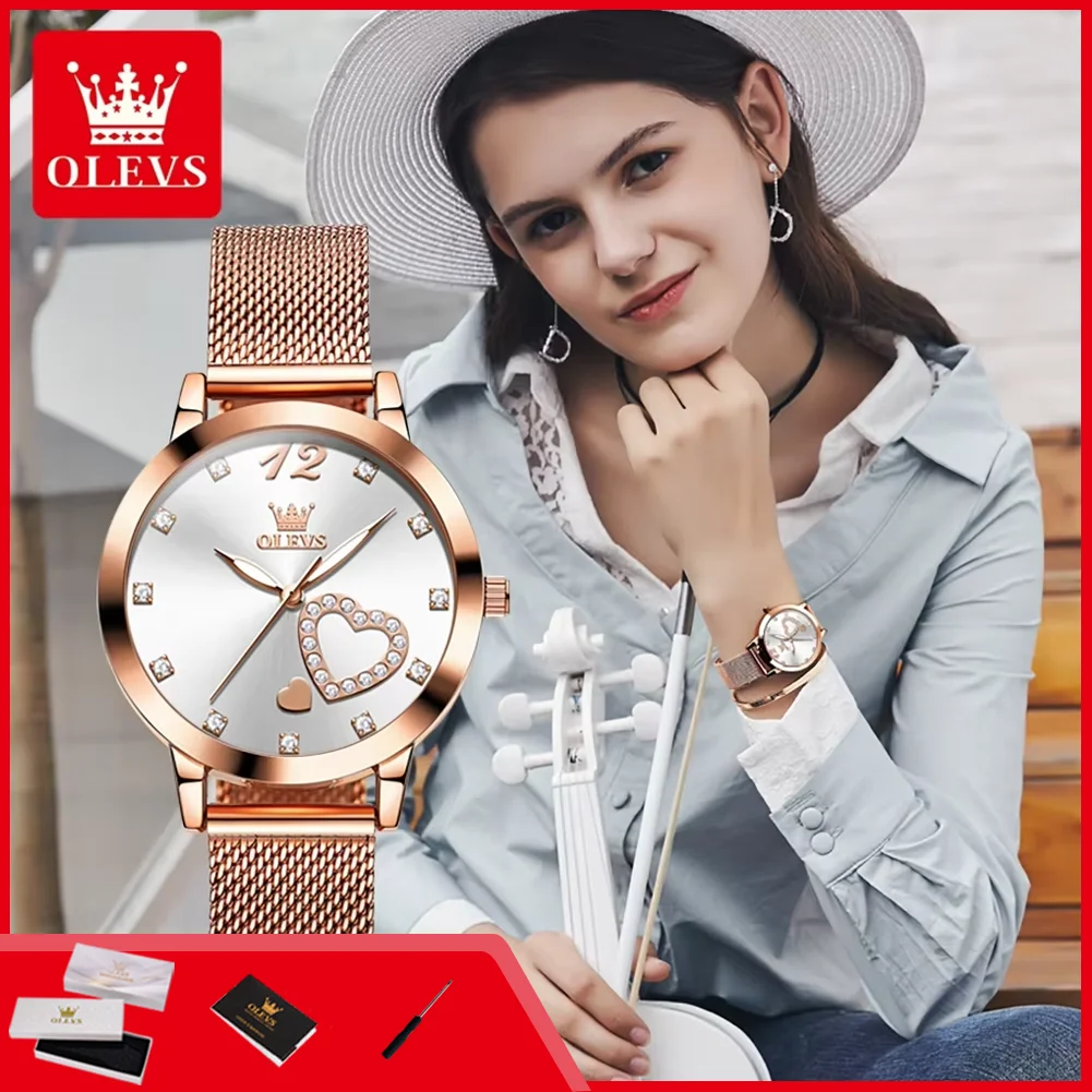 OLEVS 5189 Original Quartz Watch for Women Elegant Rose Gold Mesh Steel Strap Heart Design Waterproof Watches Ladies Wristwatch
