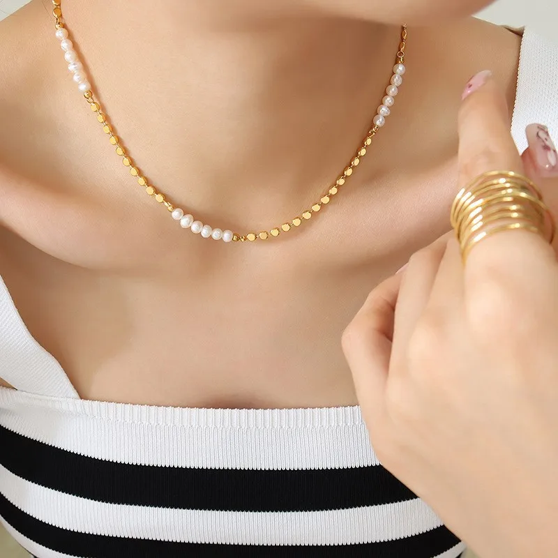 Heißer Verkauf Trendy Flache Gold Perlen Natürliche Süßwasser Perle 14K Gold Gefüllt Damen Kurze Kette Halskette Geburtstag Geschenke Kein verblassen – Detail 4