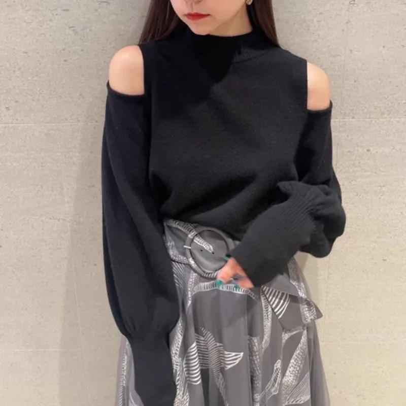 Half-high Collar Off-the-shoulder Design Long Sleeve  Niche Simple Knitted Tops All-match Sweater 2024 New Japan Style Pullovers