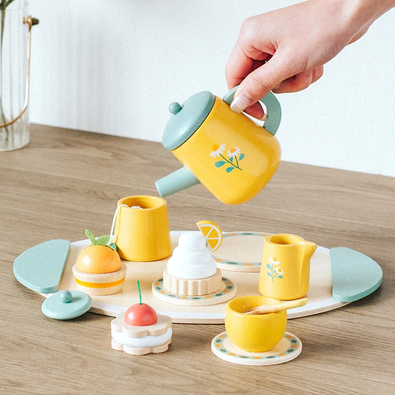 Casa de juegos de simulación para niños, juego de té real amarillo, juego de madera, juguetes Montessori