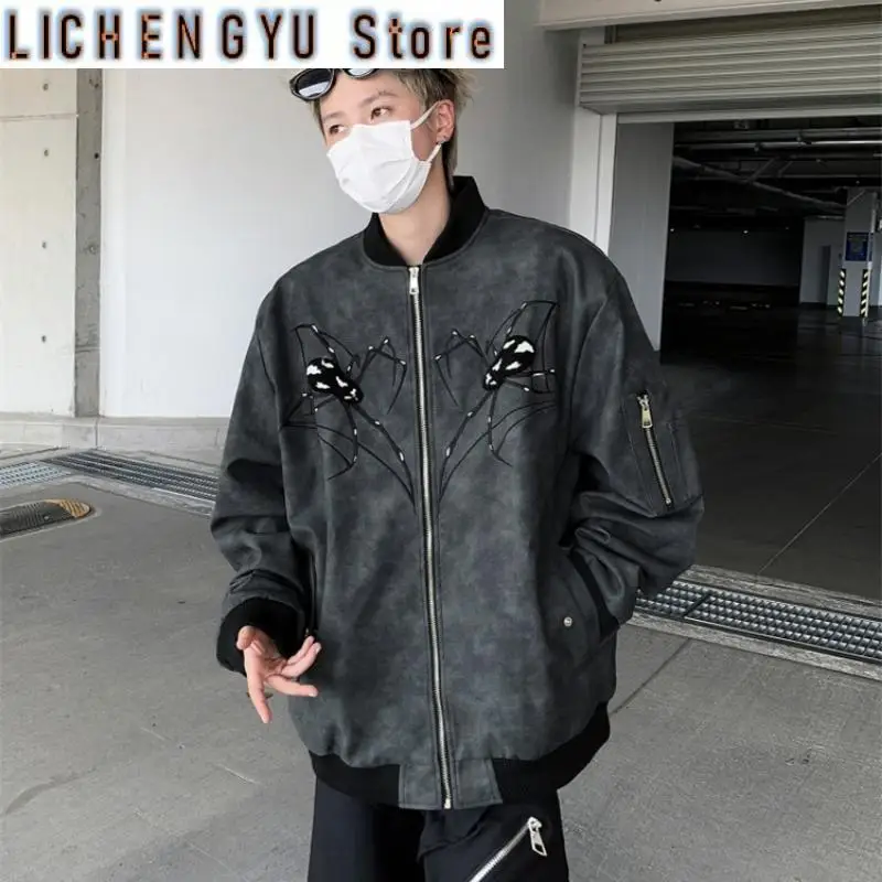 New Autumn Spider Embroidery Bomber Jacket Men PU Leather Coat Fashion Korean Streetwear Zip Up Baseball Outerwear Clothing Male