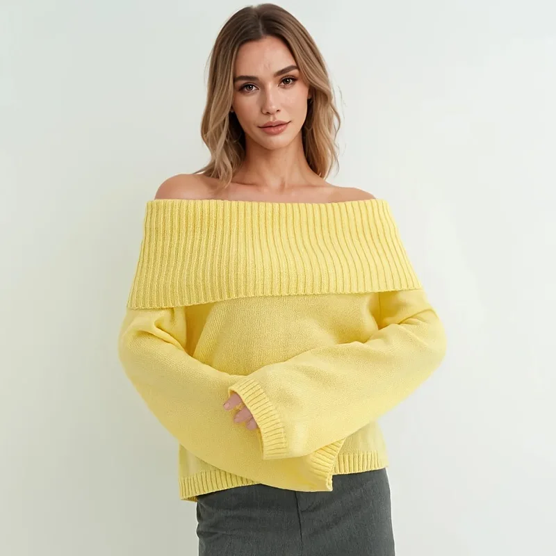 Women Elegant Off Shoulder Sweater Long Sleeve Fold Over Neck Ribbed Knit Pullover Casual Loose Knit Top European Style Sweaters