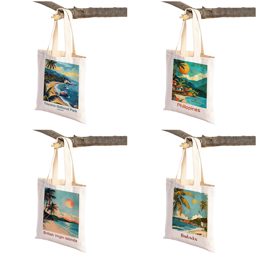 Travel to Seaside City Lady Shopper Bag Scenery Art Landscape Tote Handbag Both Sides Palm Flower Casual Women Shopping Bags