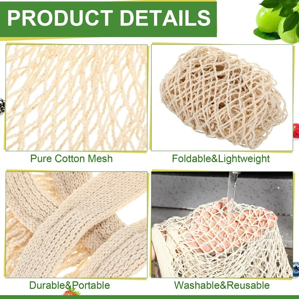 再利用可能なコットンメッシュ製品バッグ、バルクパック、マーケット、食料品、トート、洗えるショッピング、ビーチオーガナイザー、バルク食品用メッシュバッグ
