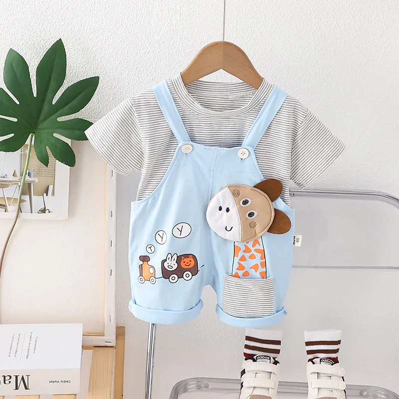 New Summer Baby Clothes Set Children Boys Striped Short Sleeve T-Shirt Overalls 2Pcs/Sets Toddler Girls Clothing Kids Tracksuits