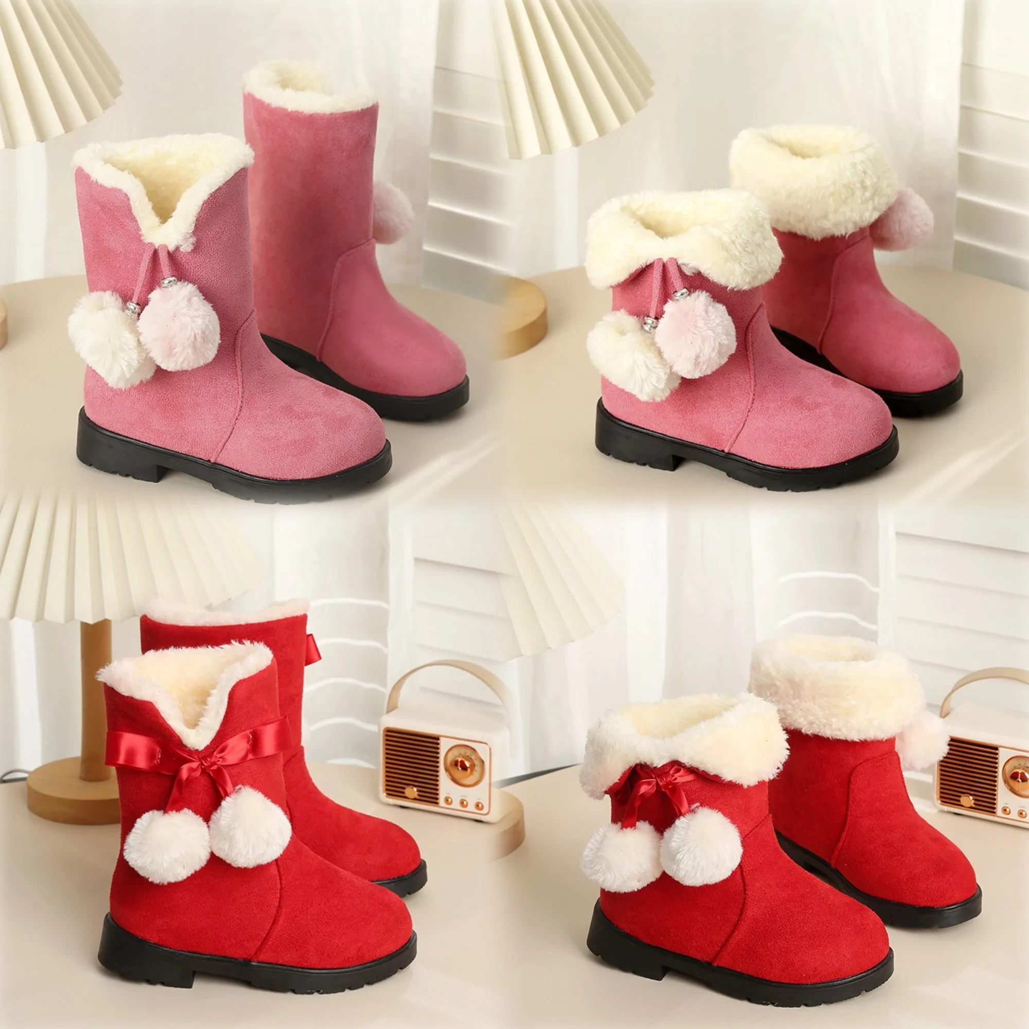 

Girls Warm Cotton Boots with Plush Ball 2025 New Winter Little Girls Fleece Lined Leather Boots Non-slip Christmas Party Boots
