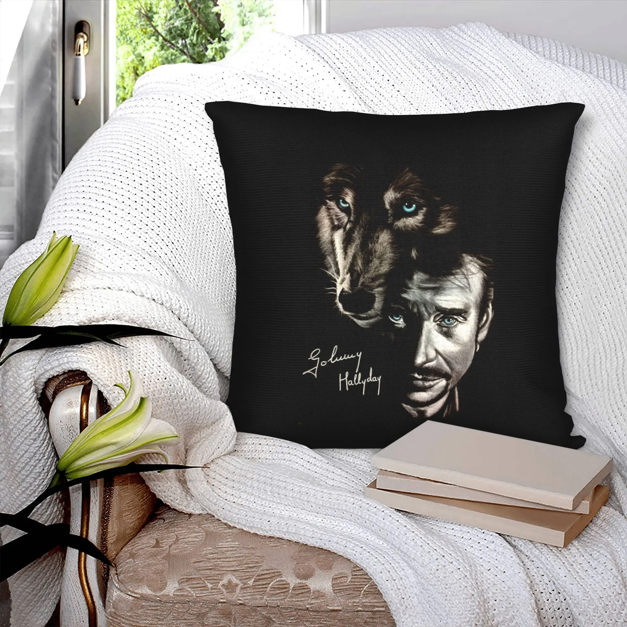 Johnny Hallyday And Wolf Cushion Cover 40x40cm France Singer Rock Star Velvet Cute Pillow Case Home Decoration