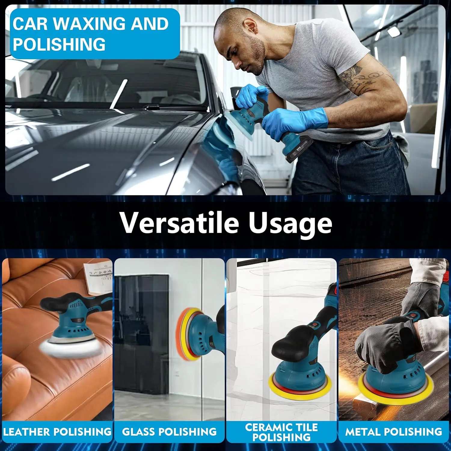Kit de polisseuse tampon de voiture sans fil de 6 pouces, 21V 2x2000mAh, 9 accessoires, 8 vitesses 2800-6000 tr/min, polisseuse orbitale pour détails et S