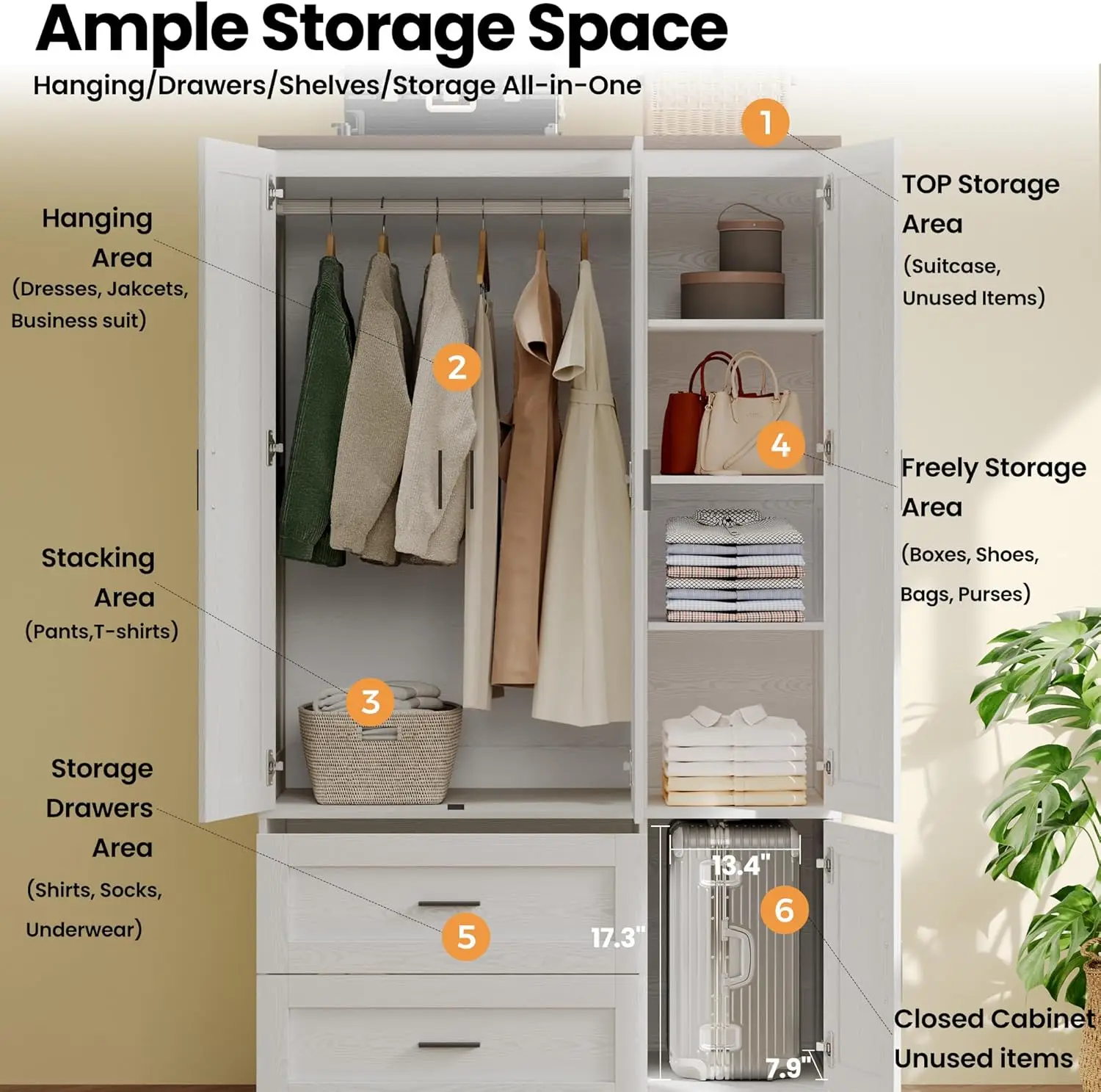 خزانة ملابس قائمة بذاتها 70.6 بوصة ارتفاع، خزانة ملابس طويلة القامة 3 أبواب مع قضيب تعليق، أدراج، أرفف مكعبة قابلة للتعديل #3