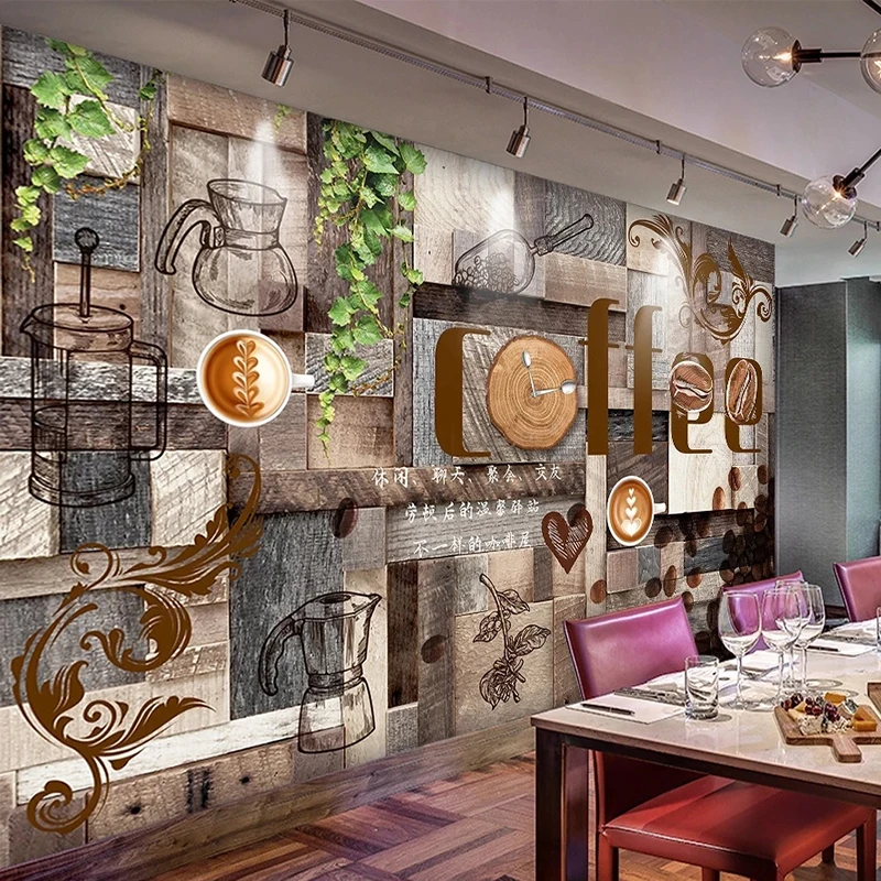 Personalized Plank Green Rattan Coffee Photo Wallpaper Mural Cafe kitchen Food Restaurant Background Wall Decor 3D Fresco Poster