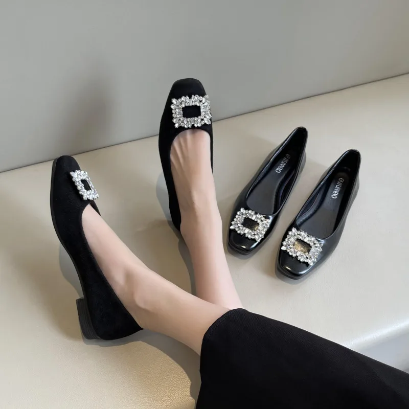 

Black Satin Cloth Flats Shoes Woman Basic Sequined Rhinestones Crystal Diamond Buckle Flats Fashion Bridal Shoe Work Women Shoes