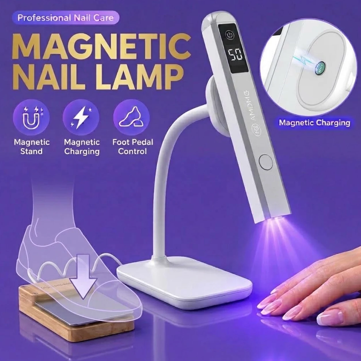 Magnetic Nail Lamp, UV LED Gel Nail Curing Light with Flexible Stand, Digital Timer, Magnetic Charging, Foot Pedal for Nail Care