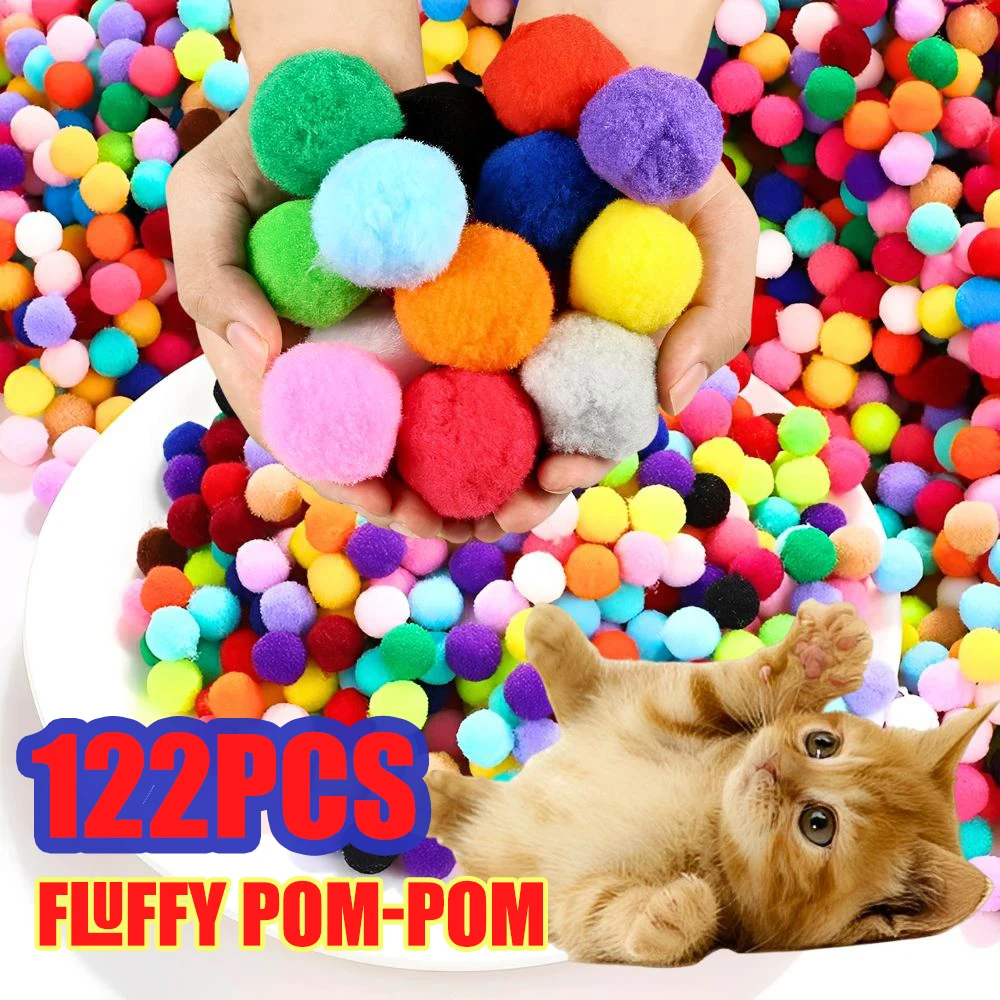 122 Stück flauschige Pom-Pom-Bälle in zufälliger Farbe und verschiedenen Größen für Heimdekoration, Party-Ornamente, interaktives Spielzeug für Katzen und Kätzchen YMY
