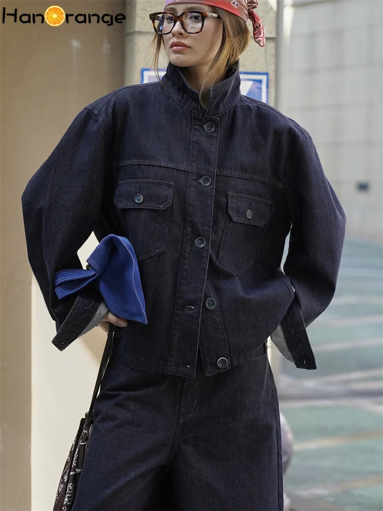 

HanOrange 2025 Early Autumn Fashion Retro Collar Original Color Cowgirl Jacket Women Bone Feel Stylish Denim Coat
