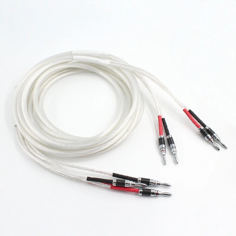 Hi-end 5NOCC Silver Plated Speaker Cable Banana Plug 2 to 4 Biwire HiFi Audio Loudspeaker Wire