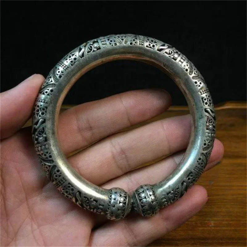 

Little Fairy/ Tibetan Silver Round Hollow Carved Handmade Lucky Opening Bracelet for Men and Women Fashion Personalized Gift