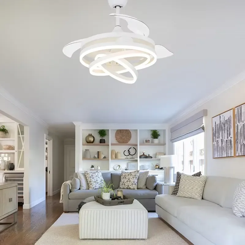 Modern White LED Ceiling Fan Light Creativity Retractable Smart Remote Control AC Motor for Living Room