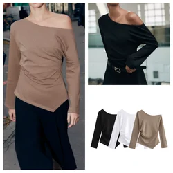 American hot girl pleated slim-fitting oblique shoulder long-sleeved T-shirt for women, new fashion all-match pullover slim-fitt