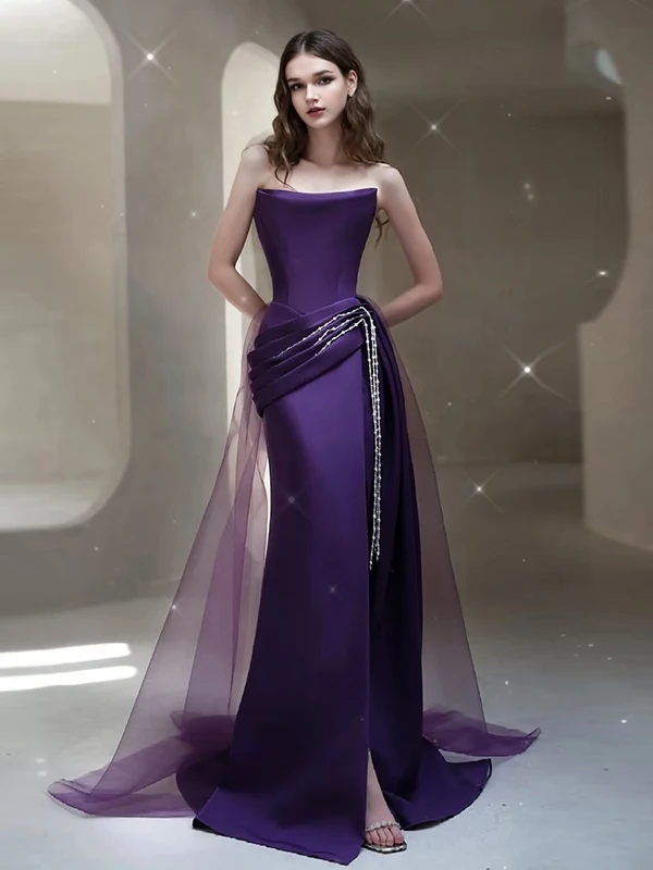 

Ele Purple Fi Tail Evening Gown for Wedding Performance ow Host Ball Cus Made Bridal Dr Korean Sle Zipper