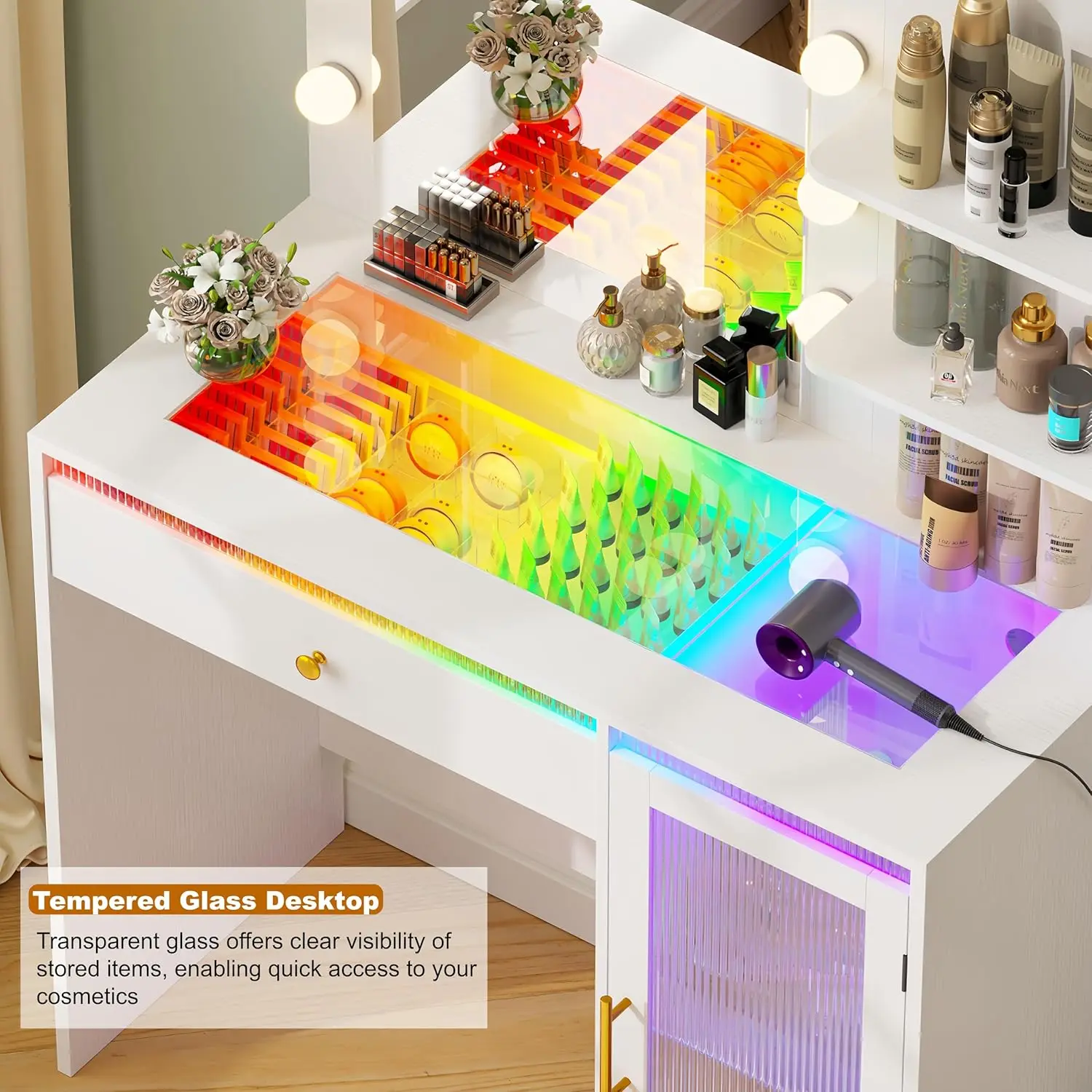 White Wooden Makeup Vanity with Tempered Glass Top, RGB Drawer & Cabinet for Bedroom view 5