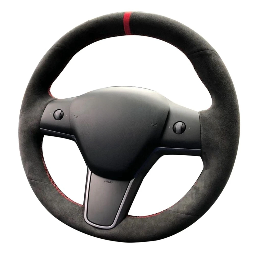 Car Steering Wheel Cover Wrap Anti-Slip Suede Genuine Leather Steering Wheel Braid For Tesla Model 3 Y 2017-2023 Car Accessories