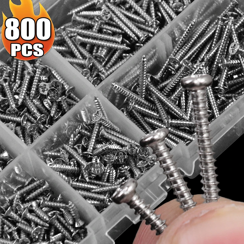 800PCS/Box M2 Self Tapping Screw Kit Carbon Steel Cross Drive Flat Head Self Drilling Screw DIY Industrial Screw Thread Fastener