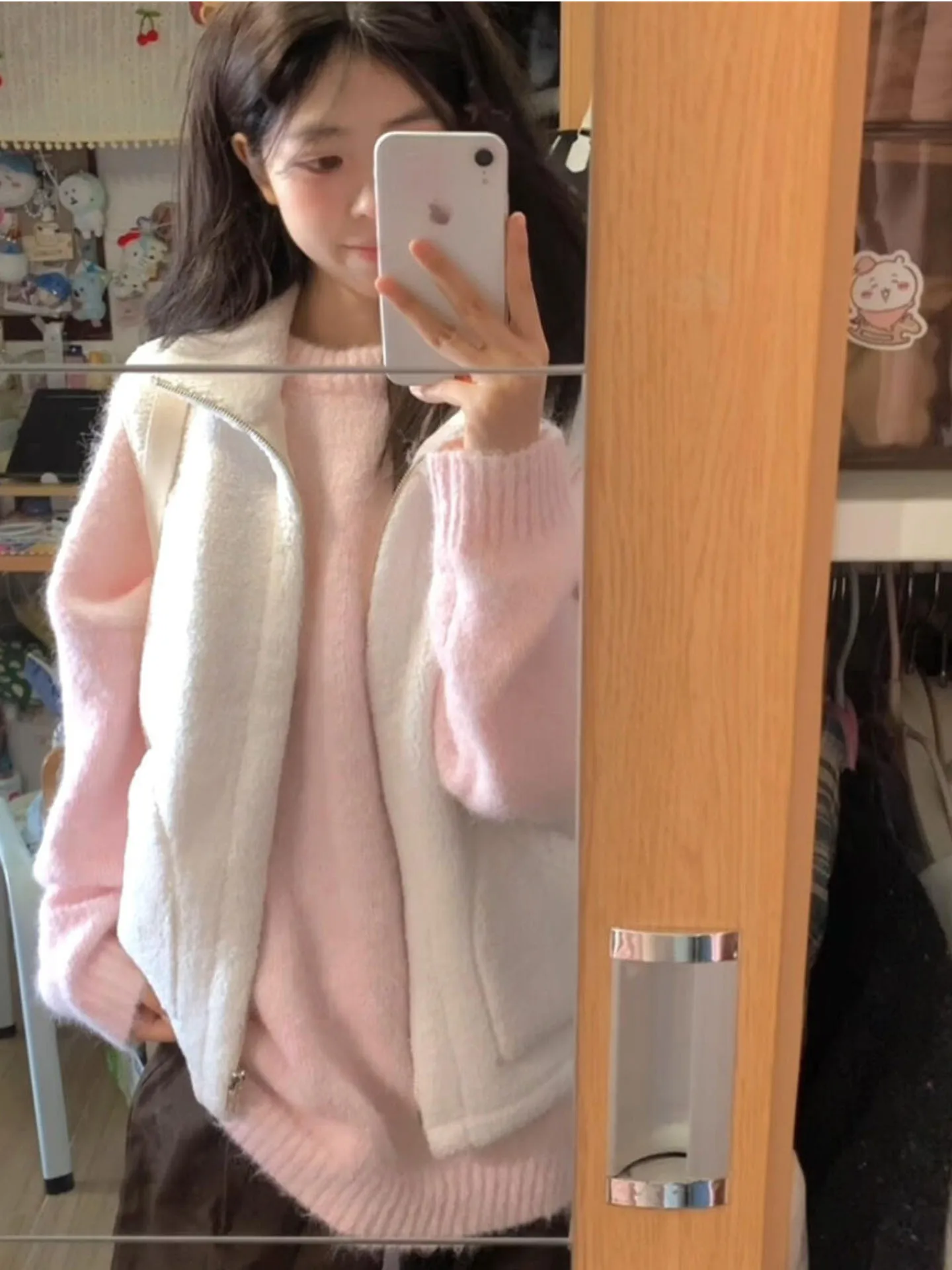 

Retro American Thiened Lamb Fur Vest Women's Autumn Winter Outerwear High Waist Long Sve Zipper Closure A-Line Jaet