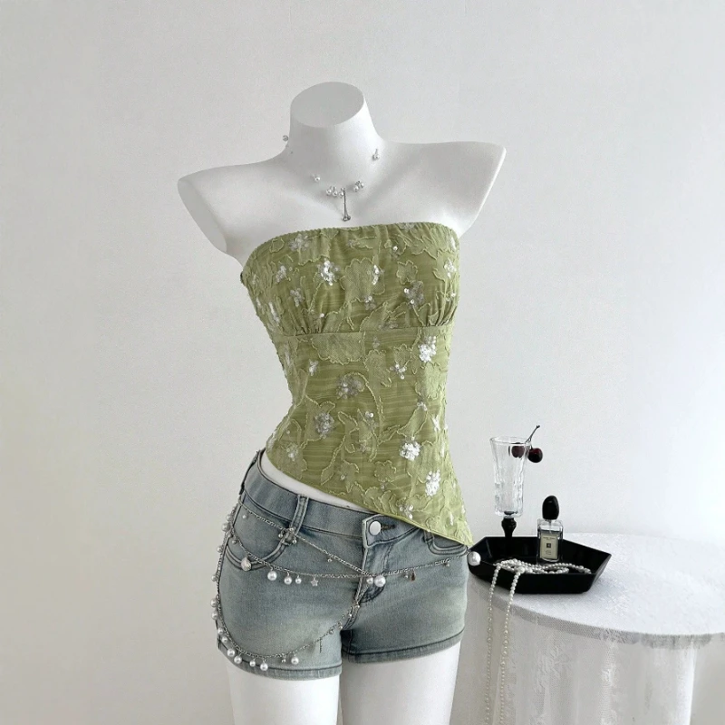 Tanks Tops Women Top Sleeveless Camis Sexy Sequins Y2k Streetwear Strapless Floral Elegant Work Slim Fit Tight Waist 2026 Summer