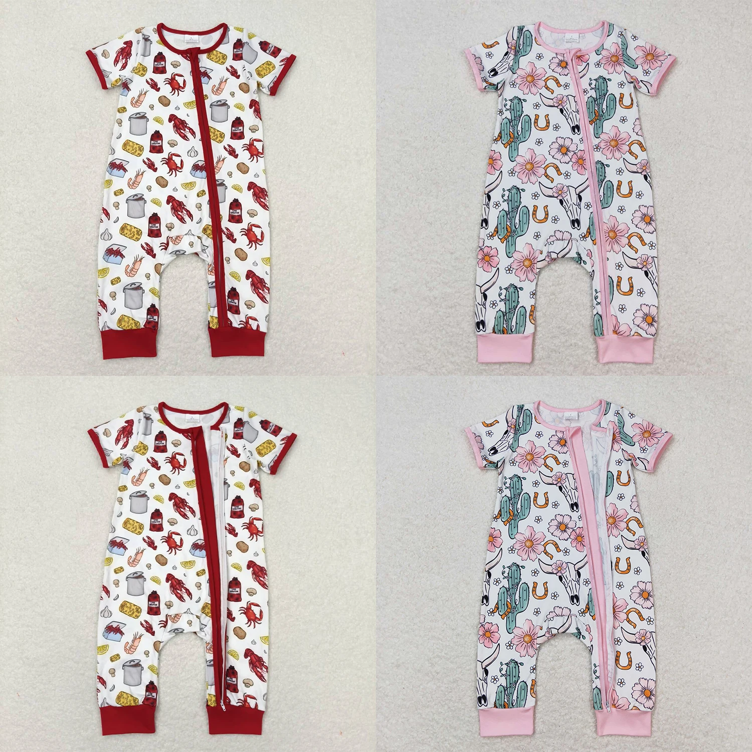 

Wholesale Western Baby Girl Boy Toddler Short Sleeves Romper Newborn Coverall Bodysuit Highland Cow Floral Kids Zipper One-piece