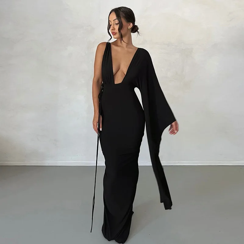 Cryptographic Fashion Draped Deep V Sexy Backless Maxi Dresses Party Club Women Elegant One Shoulder Gown Slip Dresses Ruched