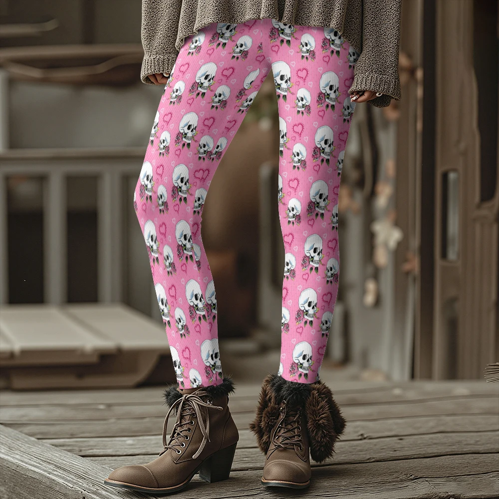 Edgy المرأة الجمجمة والورد طباعة طماق القوطية الشرير نمط عالية الخصر نمط في جميع أنحاء للحفلات غير رسمية وملابس لليوجا #3