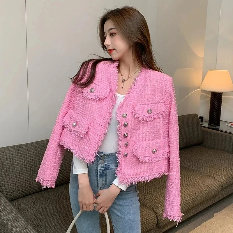 Fashion Tassel Plaid Tweed Jackets 2025 New Women O-Neck Double Buttons Luxury Elegant Coats Office Lady Autumn Spring Outwear