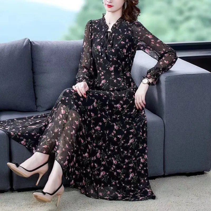 

2025 Spring Floral Dress Women's Chiffon Shirt Women's Long Sleeve