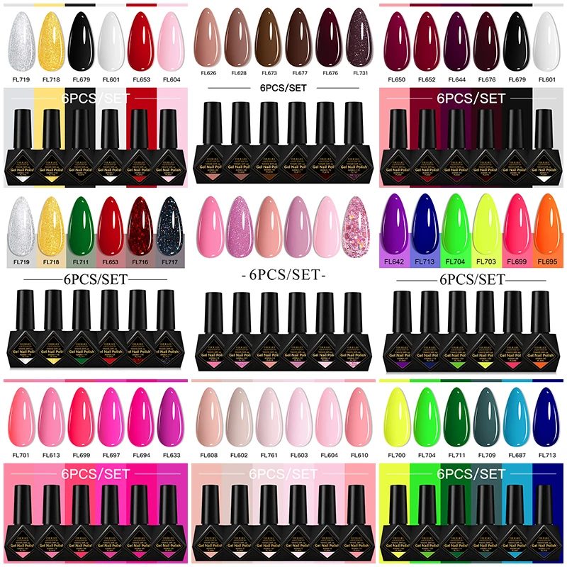 6個/セット 10ML ジェルネイルポリッシュセット ブライトピンクグリッター セミパーマネント ソークオフ UV LED ジェルバーニッシュ ネイルアートデザイン マニキュアキット