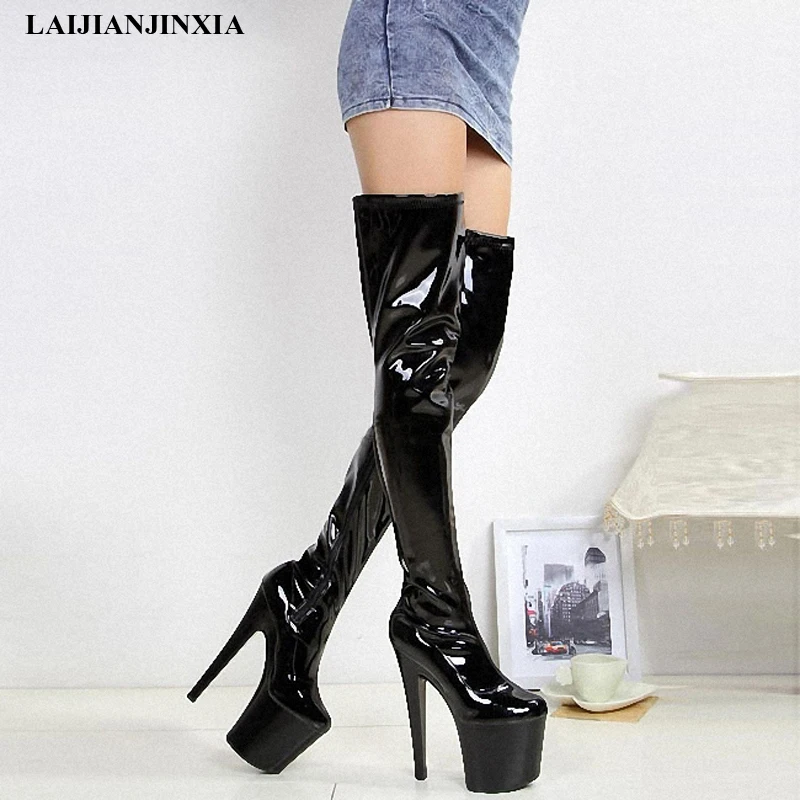 

Sexy Nightclub Platform Pole Dance Shoes Show Over The Knee Women Boots 20CM High Stripper Heeled 8 Inches Fetish Models Gothic